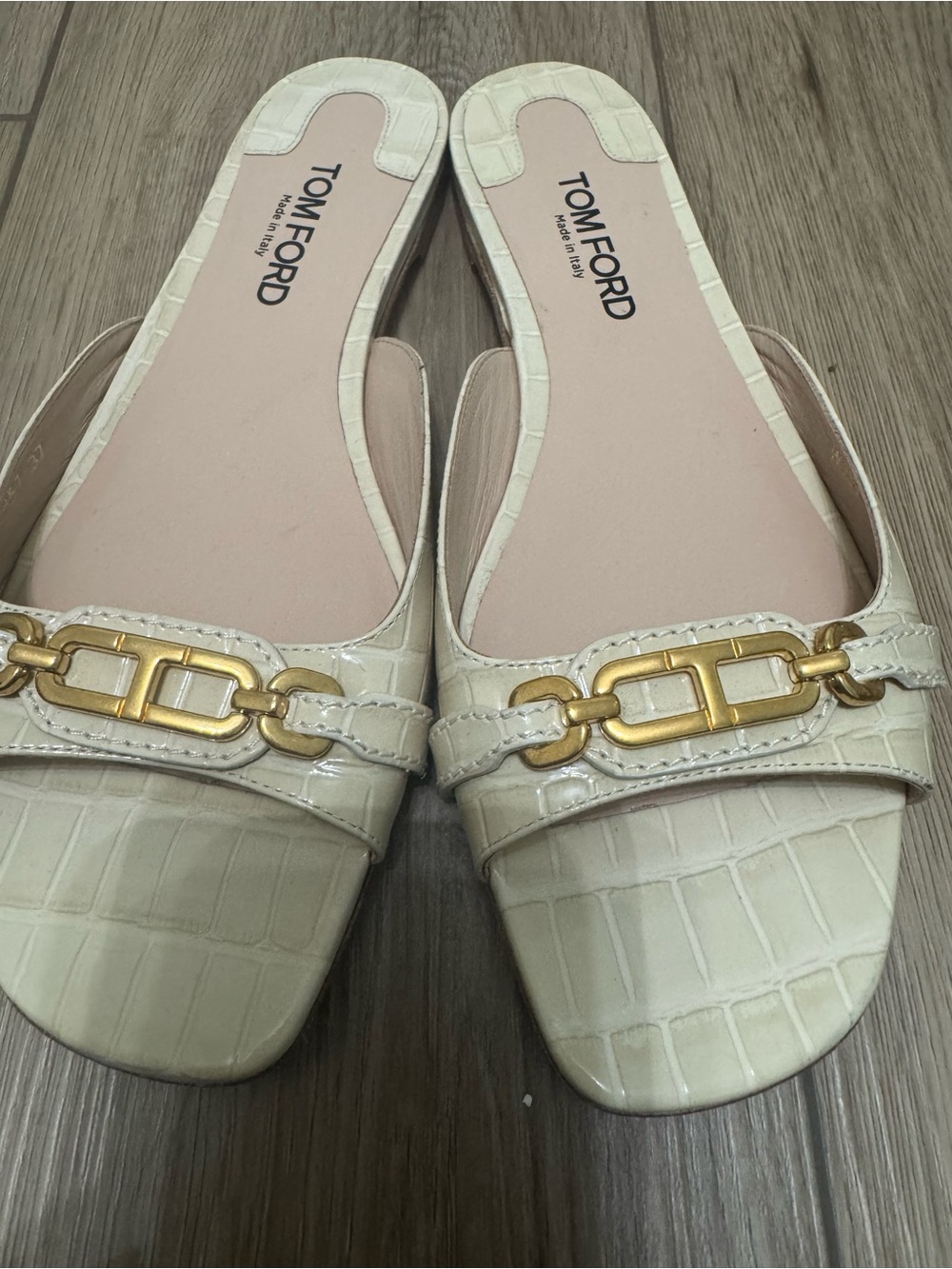 Tom Ford Cream Croc-Embossed Slide Mules with Gold Chain Detail